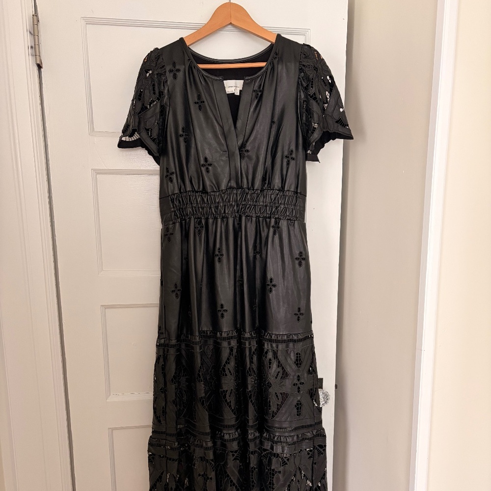 Anthropologie Somerset Black Faux Leather Eyelet Maxi Dress